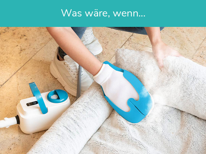 Livington SteamTouch Dampfreiniger mit Reinigungshandschuh reinigt ein Tierbett