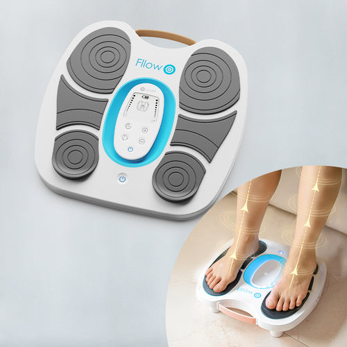 Fllow Fußmassagegerät mit grauen Massageflächen und blauem Rand, daneben Anwendungsszene mit leuchtenden Linien zur Durchblutungsförderung.