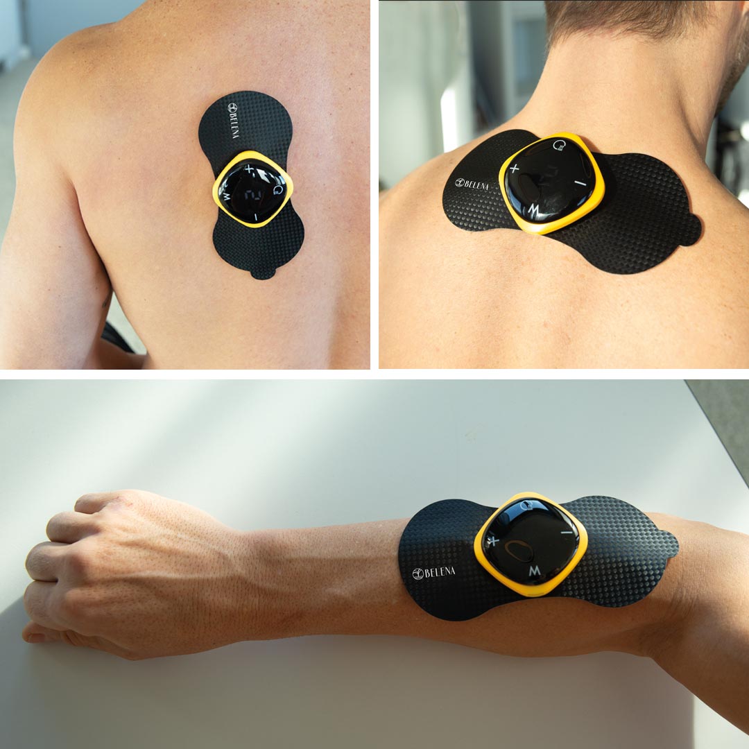 Elektrischer Muskelstimulator mit Klebeelektroden auf Rücken und Arm.