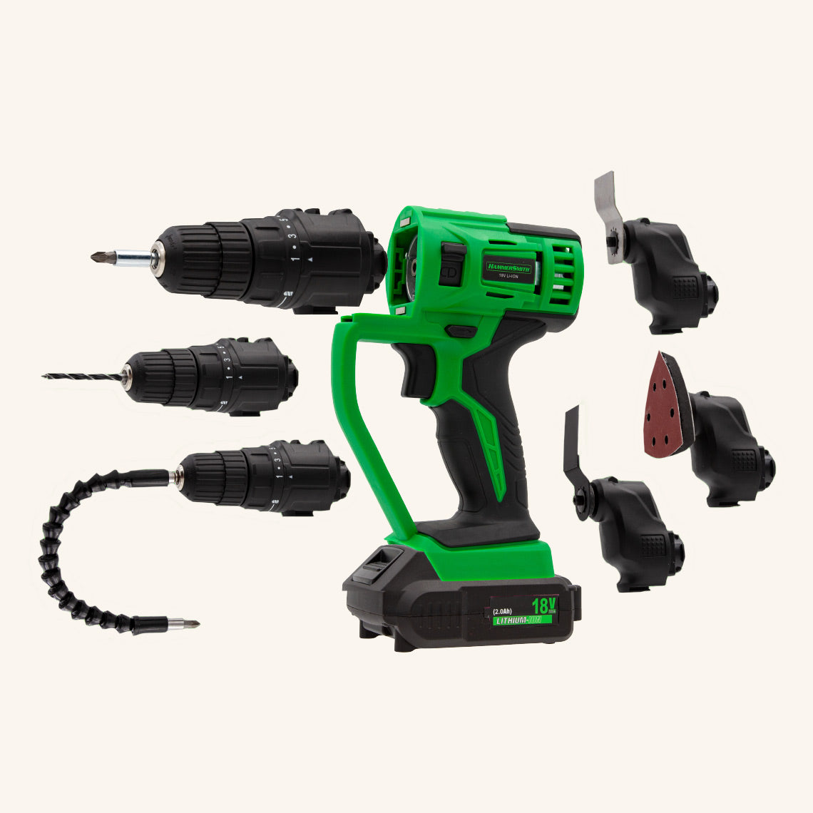 Hammersmith Multitool mit 8 Aufsätzen – Akkugerät für Schrauben, Bohren, Sägen und Schleifen in einem.