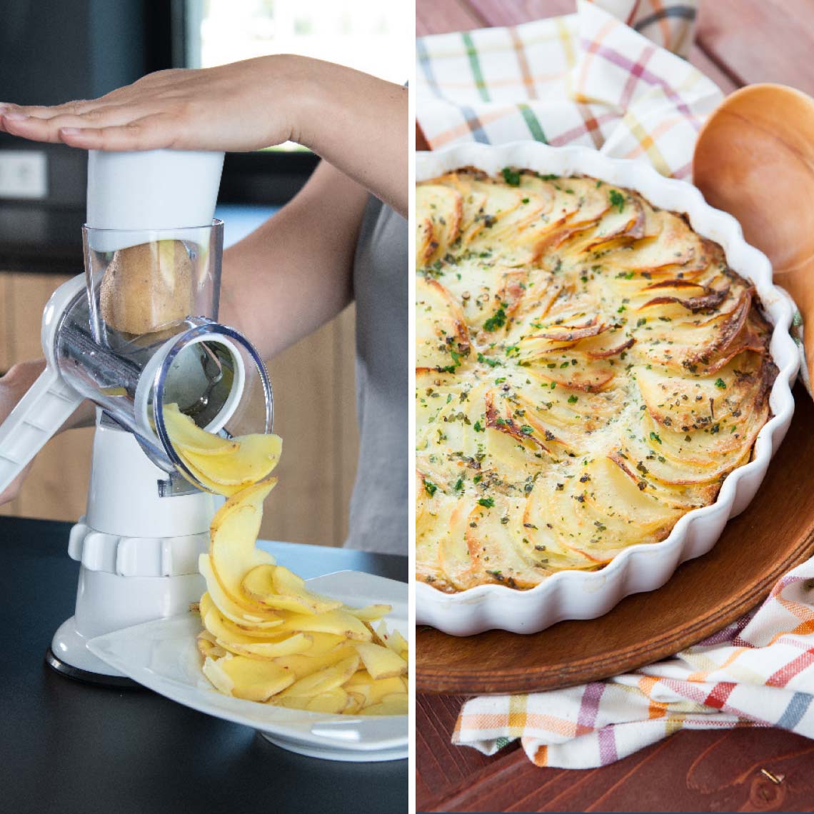 Mit dem Sumo Slicer werden Kartoffeln geschnitten und zu einem überbackenen Gericht in einer Auflaufform verarbeitet.