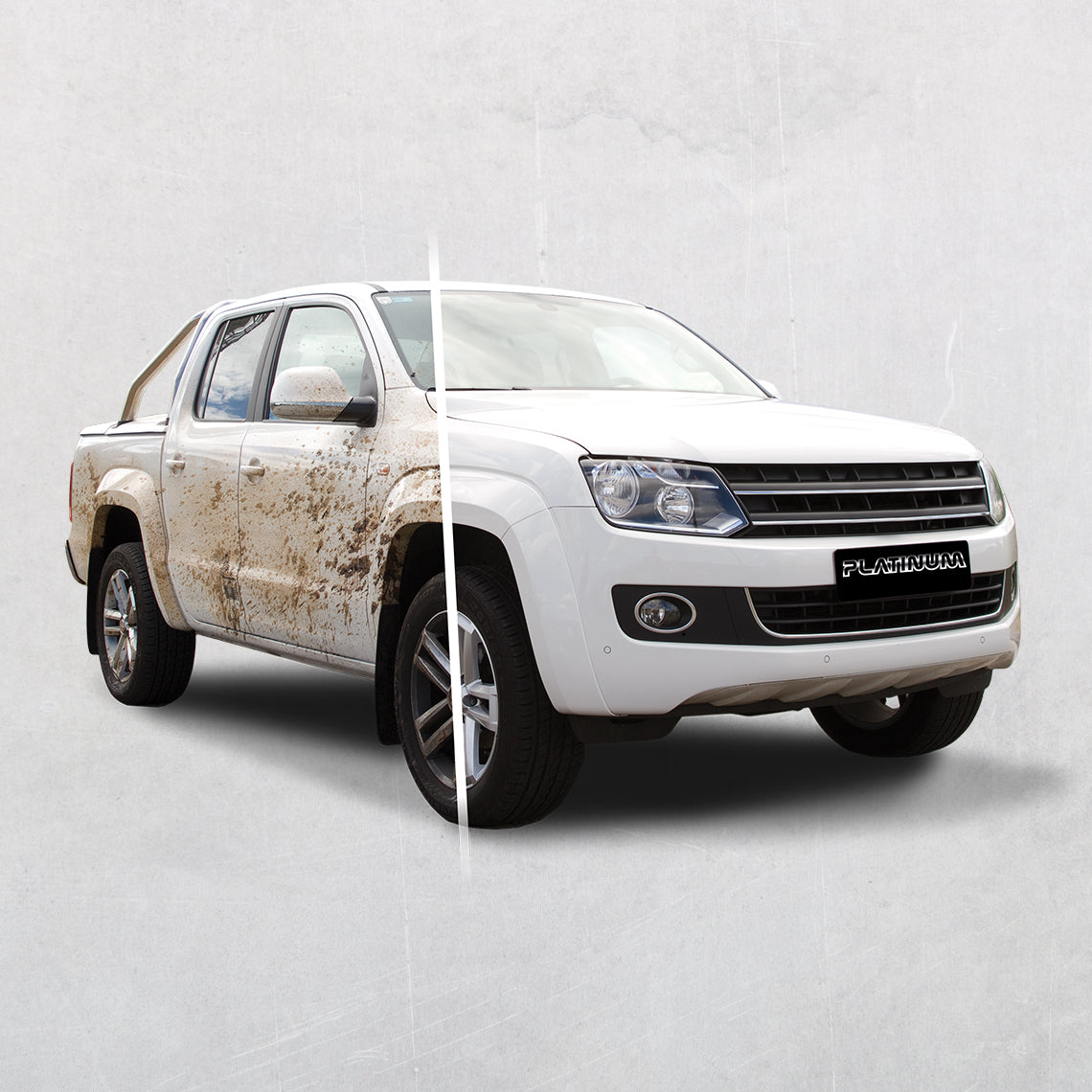 Links verschmutzt, rechts sauber – mit Platinum Fantastic Results erstrahlt das Auto wie neu.