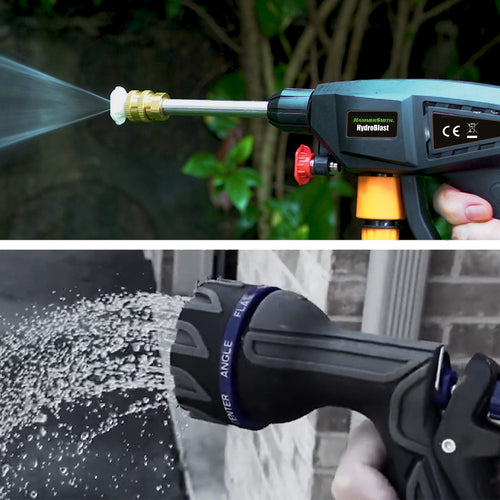 Hammersmith HydroBlast mit starkem Strahl im Vergleich zu herkömmlicher Brause.