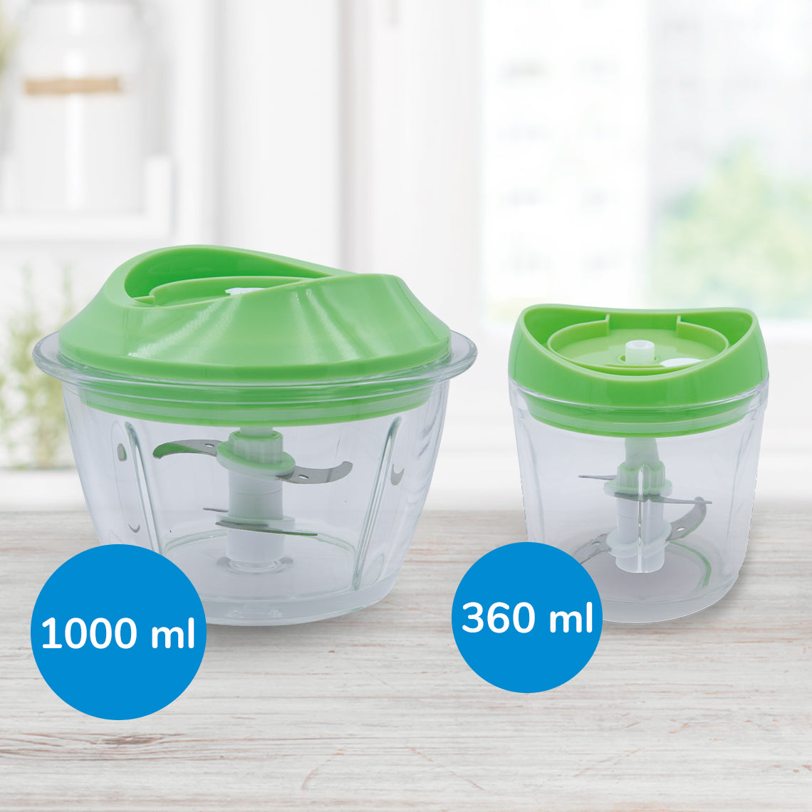 Die Livington MagiCut Zerkleinerer sind in 1000 ml und 360 ml erhältlich – ideal für große und kleine Mengen.