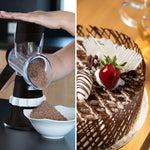 Livington SumoSlicer reibt Schokolade fein in eine Schüssel – ideal zum Dekorieren und Verfeinern von Desserts wie Kuchen.