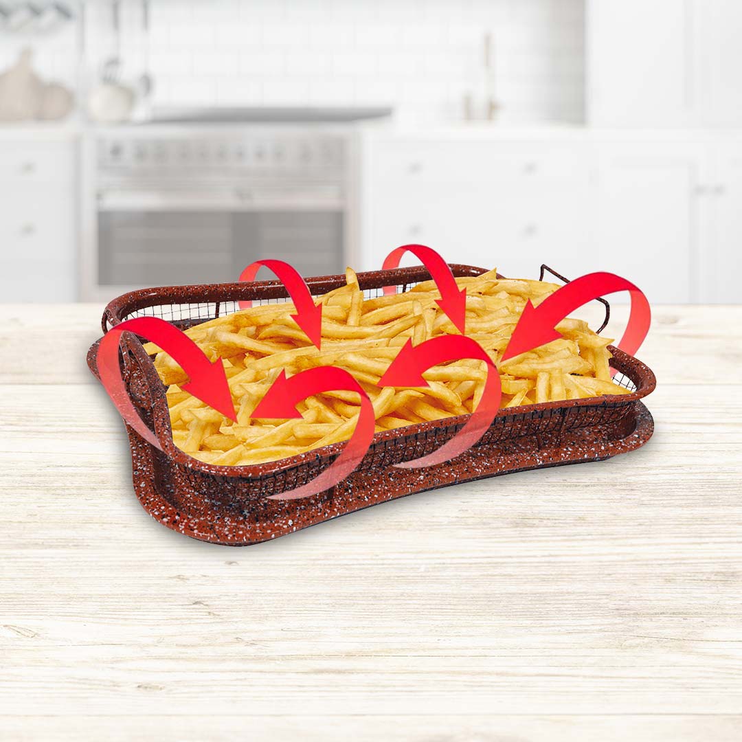 Pommes im Livington Super Crisper – heiße Luft zirkuliert rundum für knuspriges Ergebnis ohne Wenden.