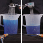 Wasserverbrauchsvergleich: herkömmlicher Duschkopf vs. Aquadon EcoTornado mit weniger Wasser.