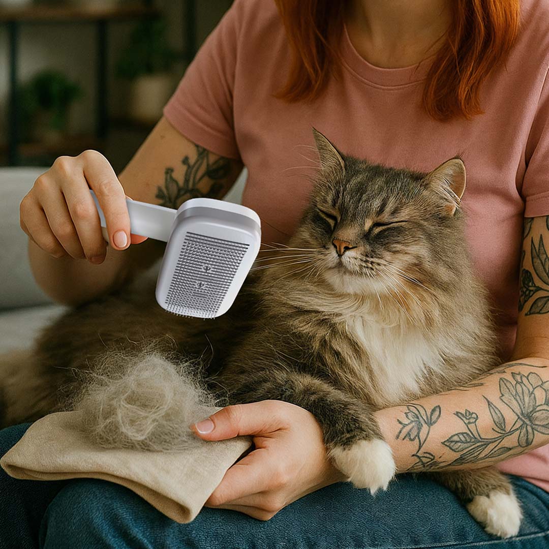 Katze wird gebürstet und davor liegt ein Haufen Haare