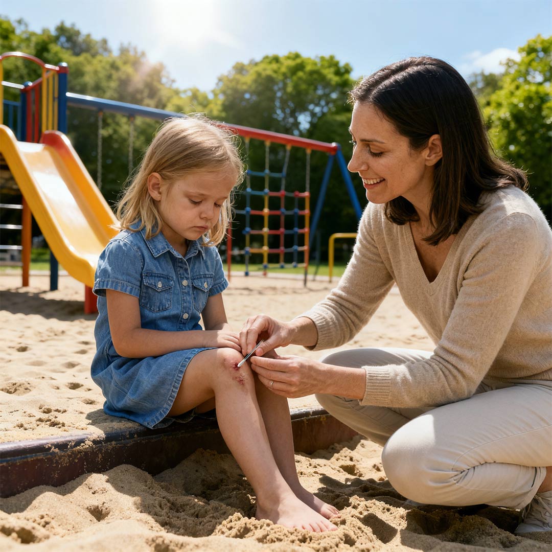 Mutter versorgt die aufgeschürfte Kniewunde ihrer Tochter mit dem ClicSwab Blutstopper auf dem Spielplatz