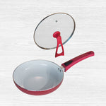 Duo Magic Premium Pfanne mit rotem Griff und Glasdeckel – Antihaftbeschichtung und stabiler Standknauf.