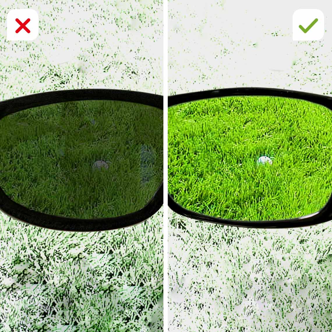 HD Polar View zeigt den Golfball auf dem Rasen klar – im Vergleich zu herkömmlichen Brillengläsern.