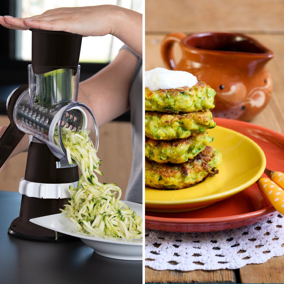 Livington SumoSlicer raspelt frische Zucchini in feine Streifen, ideal zur Zubereitung von Gemüsepuffern