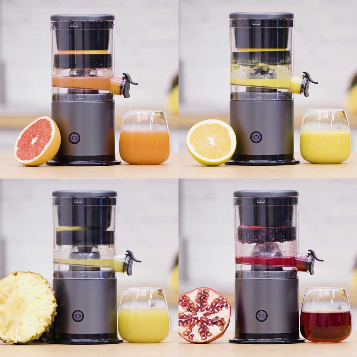 Vier Livington JuiceBoost-Geräte pressen verschiedenes Obst – Grapefruit, Zitrone, Ananas und Granatapfel – in Gläser.