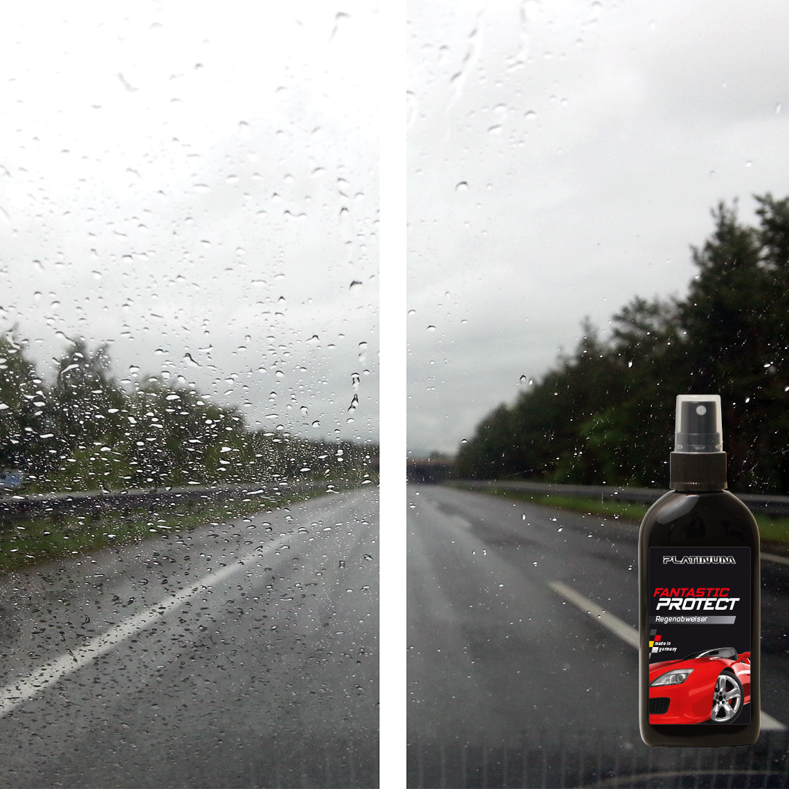 Windschutzscheibe im Regen – links unbehandelt, rechts mit Platinum Fantastic Results klar geschützt.