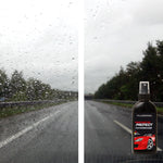 Windschutzscheibe im Regen – links unbehandelt, rechts mit Platinum Fantastic Results klar geschützt.