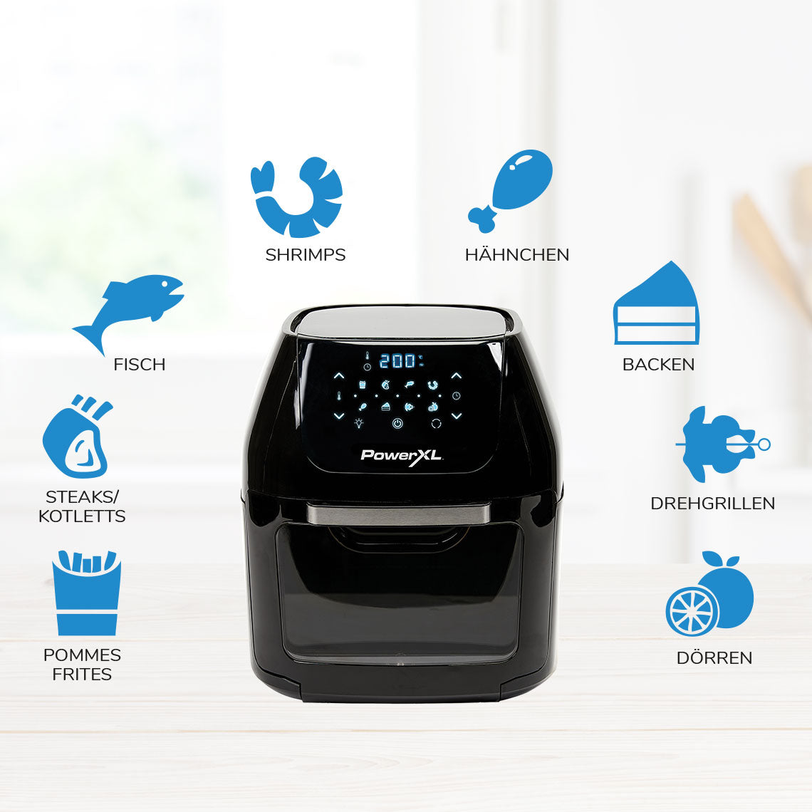 Power AirFryer Multi-Function mit Programmen für Fisch, Fleisch, Backen, Dörren, Frittieren und Drehgrillen.