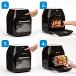 Power AirFryer Multi-Function: einschalten, Spieß einsetzen, starten und das perfekt gegrillte Ergebnis entnehmen.