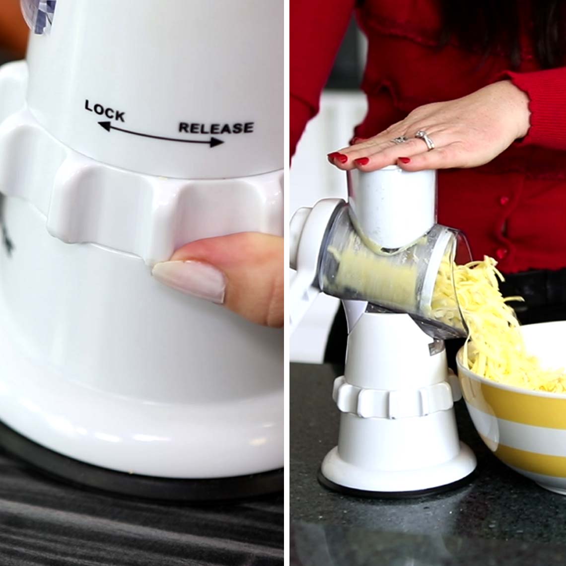 Der Sumo Slicer wird per Drehmechanismus fixiert und reibt Käse direkt in eine Schüssel.