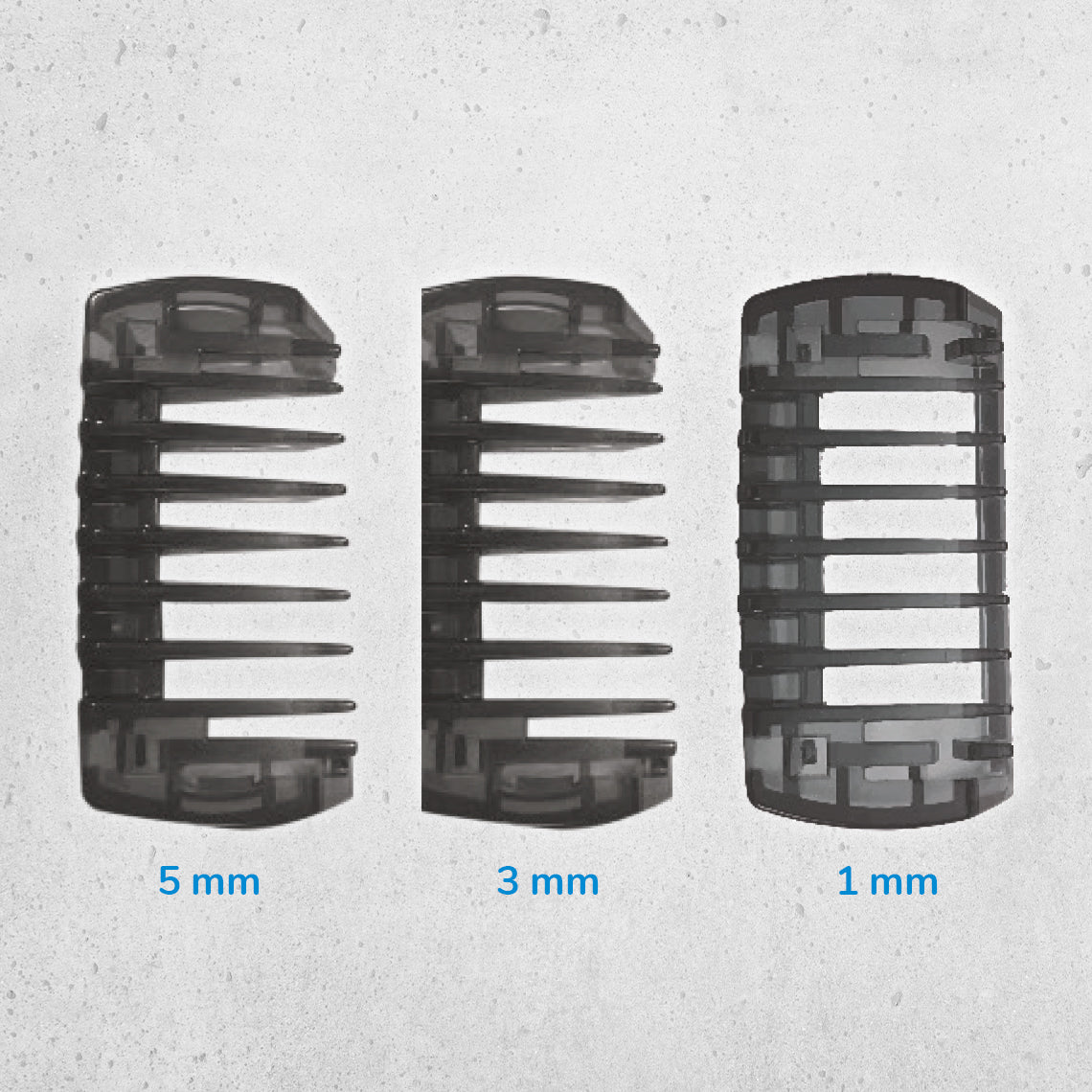 Zum MicroTouch Titanium Solo gehören drei Aufsätze für Bartlängen von 5 mm, 3 mm und 1 mm.
