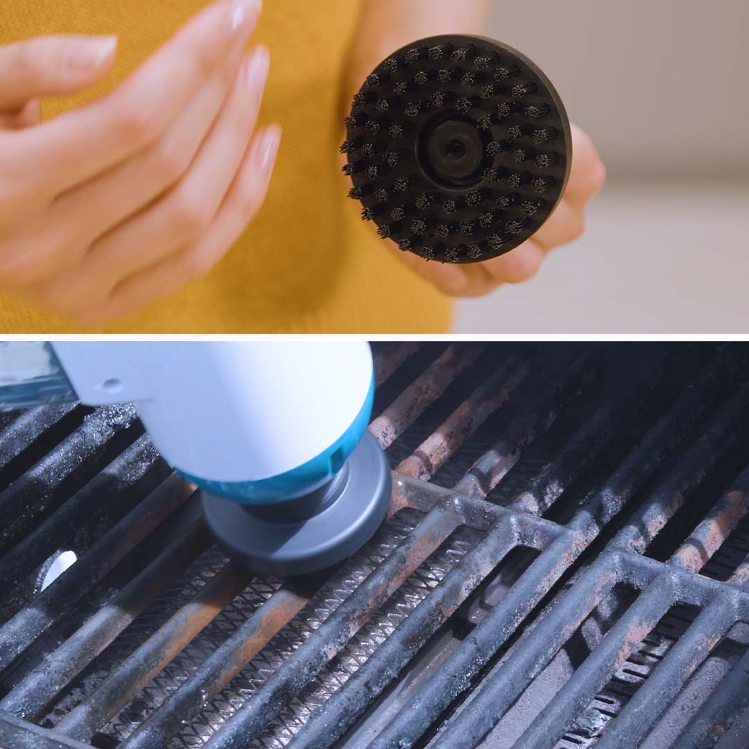 „Livington SteamBuddy mit Bürsten-Aufsatz reinigt einen stark verschmutzten Grillrost mit heißem Dampf