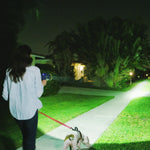 Frau geht nachts mit Hund spazieren und nutzt LED-Lampe