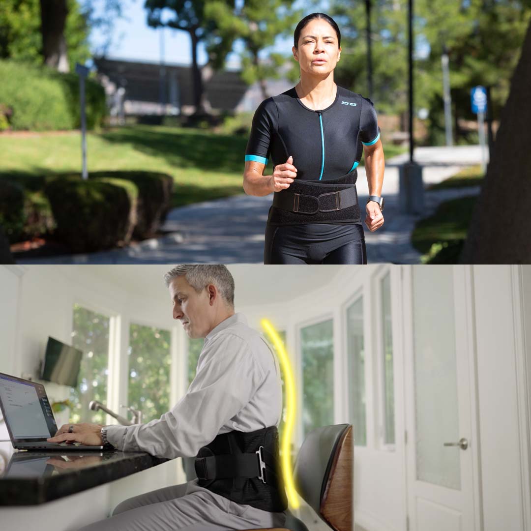 Personen mit Copper Fit X Belt bei alltäglichen Aktivitäten – Gehen und Sitzen im Büro