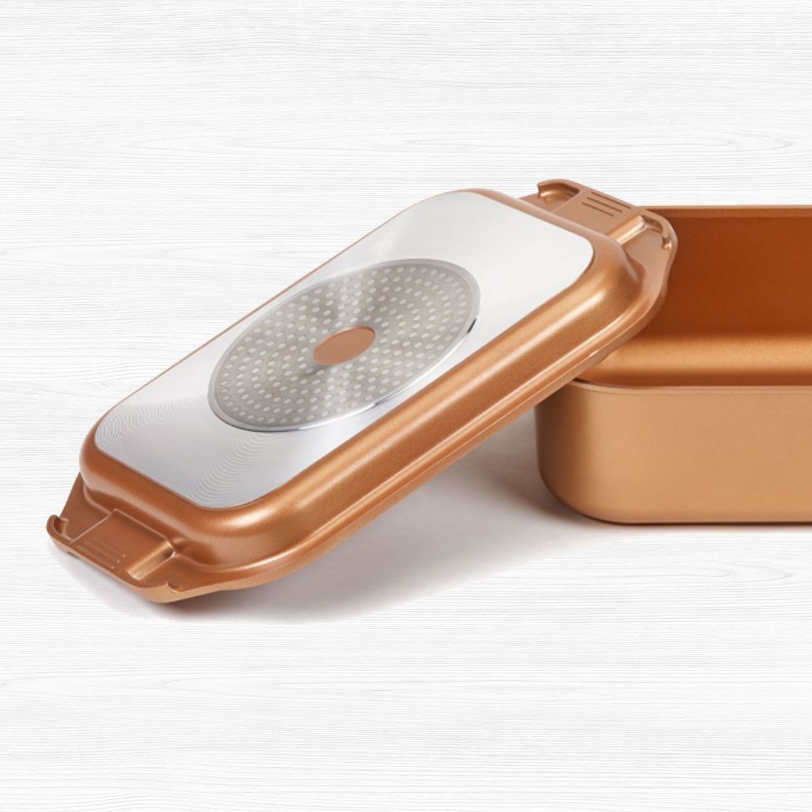 Livington Copperline WonderCooker – Deckel mit Induktionsboden, passend zur kupferfarbenen Bratform.