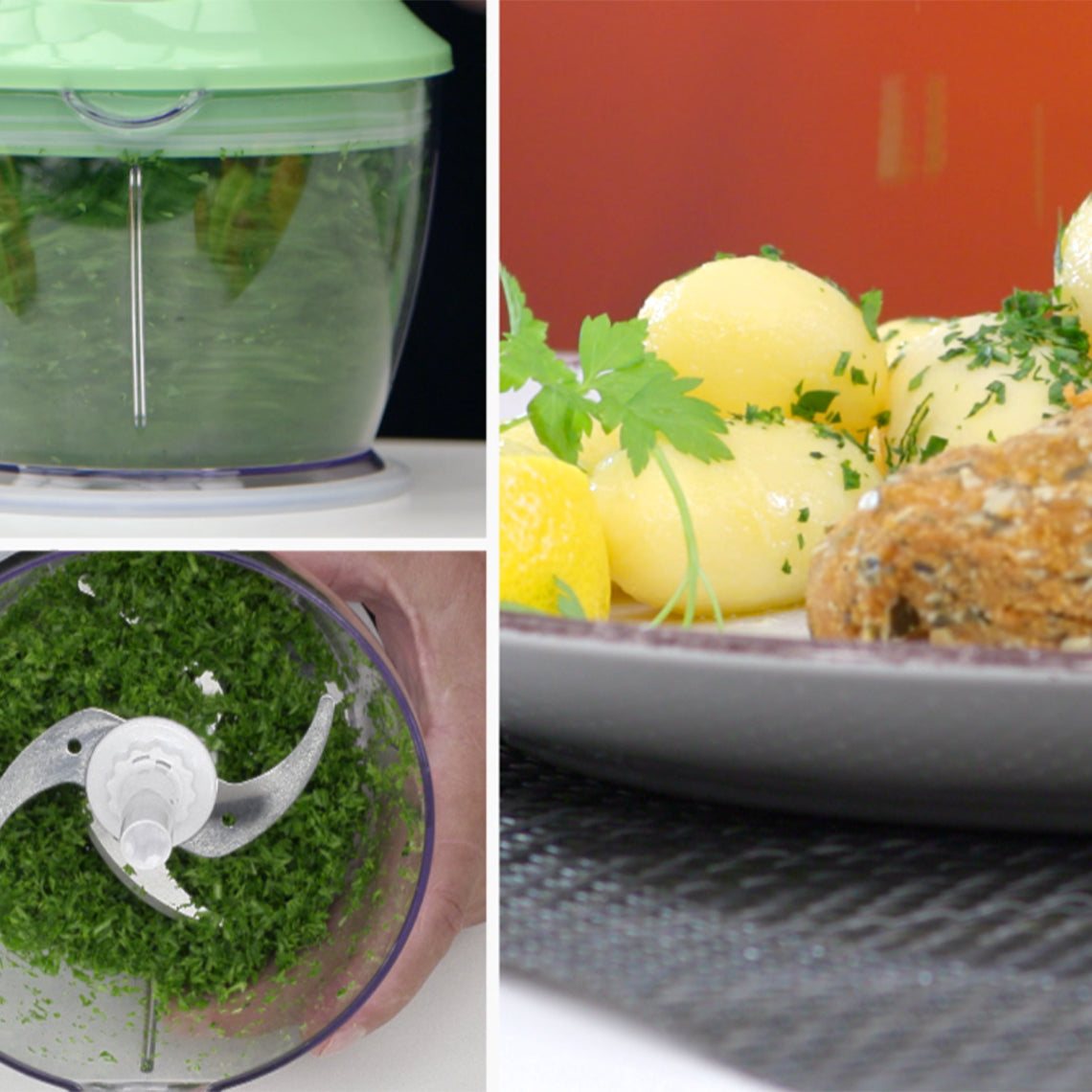 Kräuter mühelos mit dem Livington MagiCut zerkleinern – ideal für frische Kartoffelbeilagen.