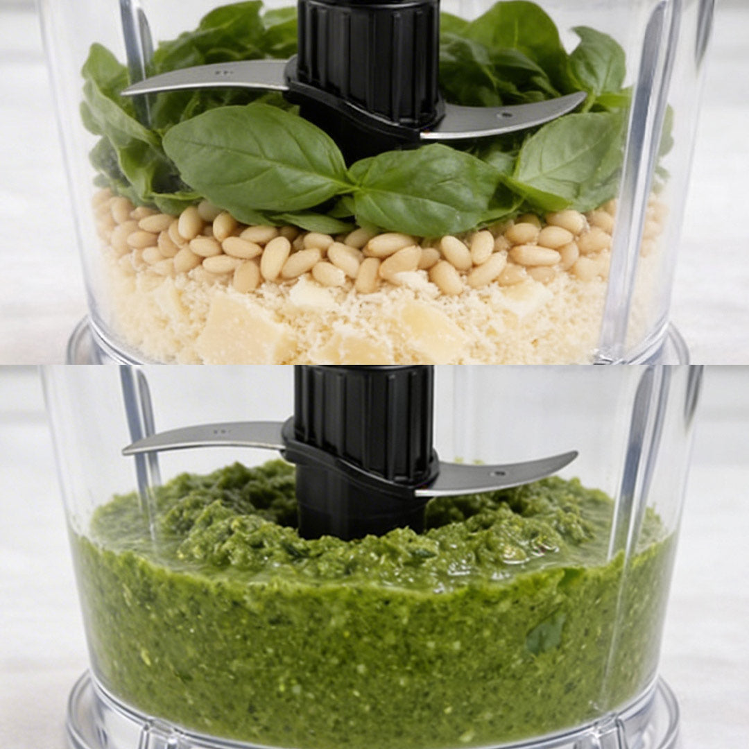 Splitbild: Pesto-Zutaten und gemixtes Basilikum-Pesto