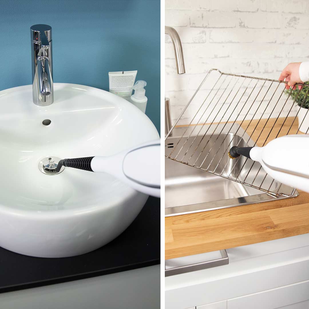 Livington Steam Twister reinigt gründlich Waschbecken und Grillrost mit der Dampfdüse.