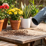 Mit einem gezielten Luftstrom bläst der AiroBlast verschüttete Blumenerde von einem Gartentisch neben  Topfpflanzen weg.