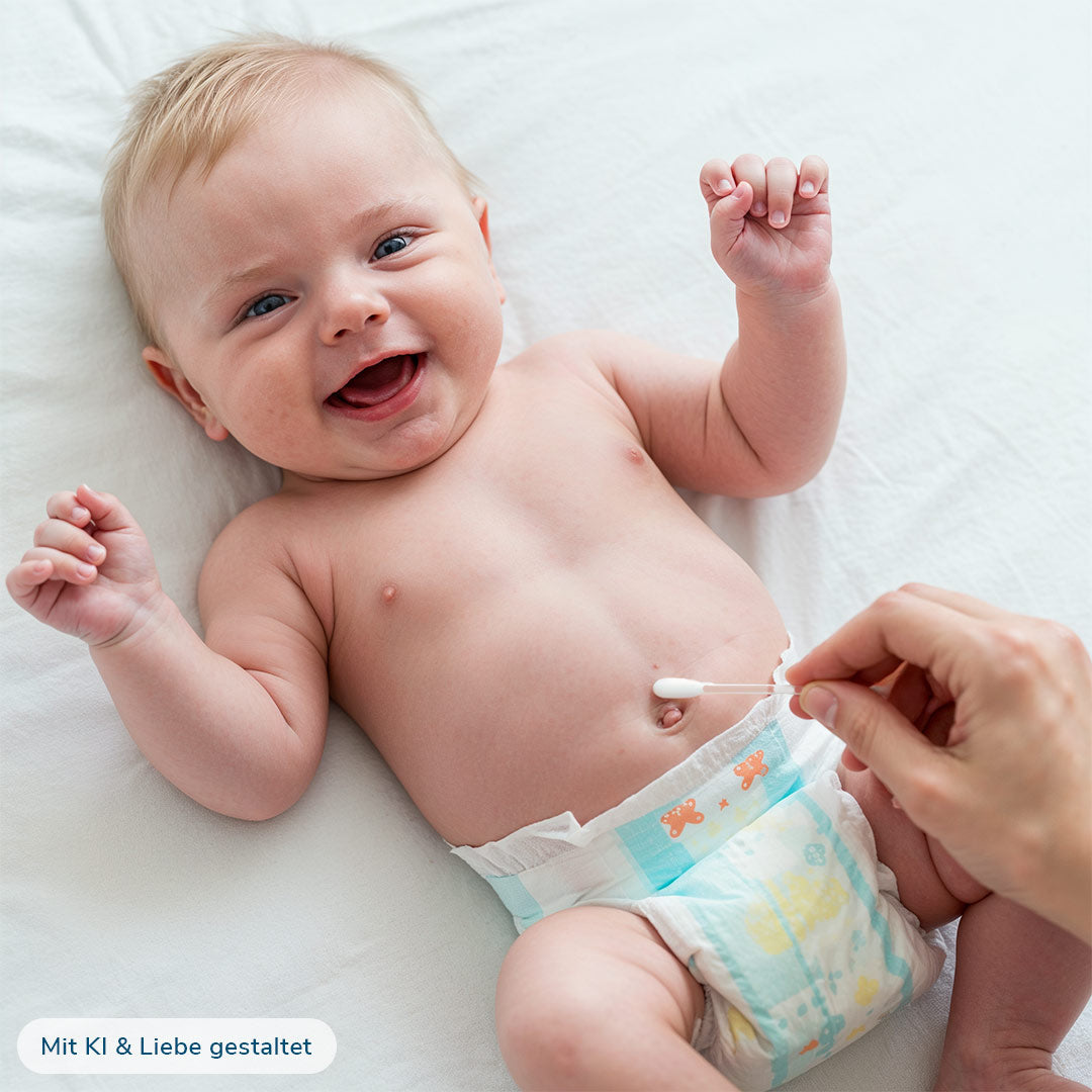 Sanfte Nabelpflege bei einem lächelnden Baby: Eine Hand reinigt den Bauchnabel des Babys gezielt mit einem CLICswab Knick-Wattestäbchen.