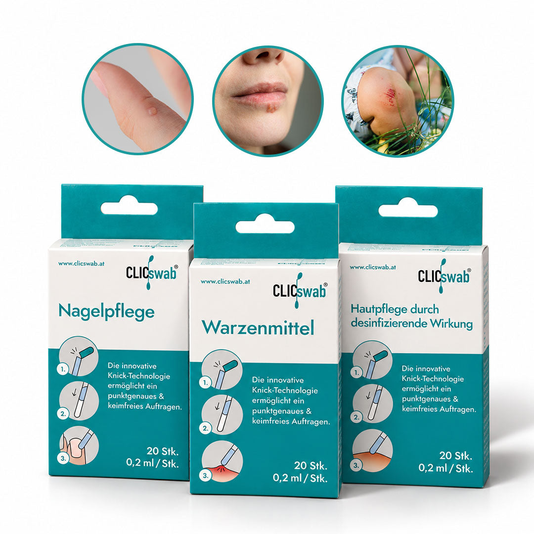 CLICswab-Set mit drei Packungen Knick-Wattestäbchen für Nagelpflege, Warzenmittel und desinfizierende Hautpflege