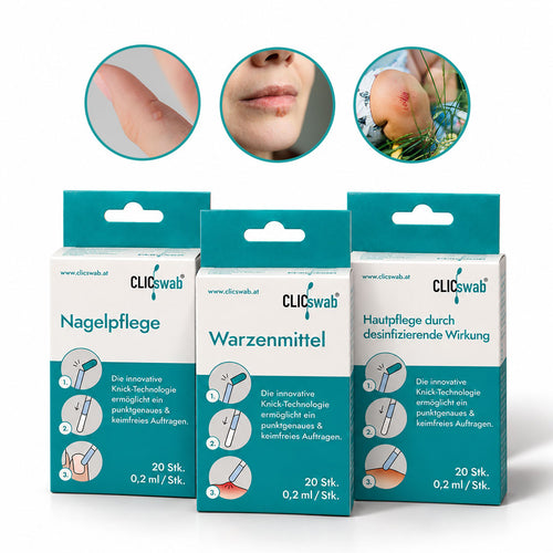 CLICswab-Set mit drei Packungen Knick-Wattestäbchen für Nagelpflege, Warzenmittel und desinfizierende Hautpflege