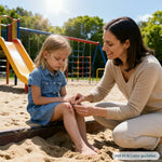 Eine Mutter behandelt auf einem Spielplatz das aufgeschürfte Knie ihrer Tochter mit einem praktischen CLICswab Wattestäbchen zur Wunddesinfektion.