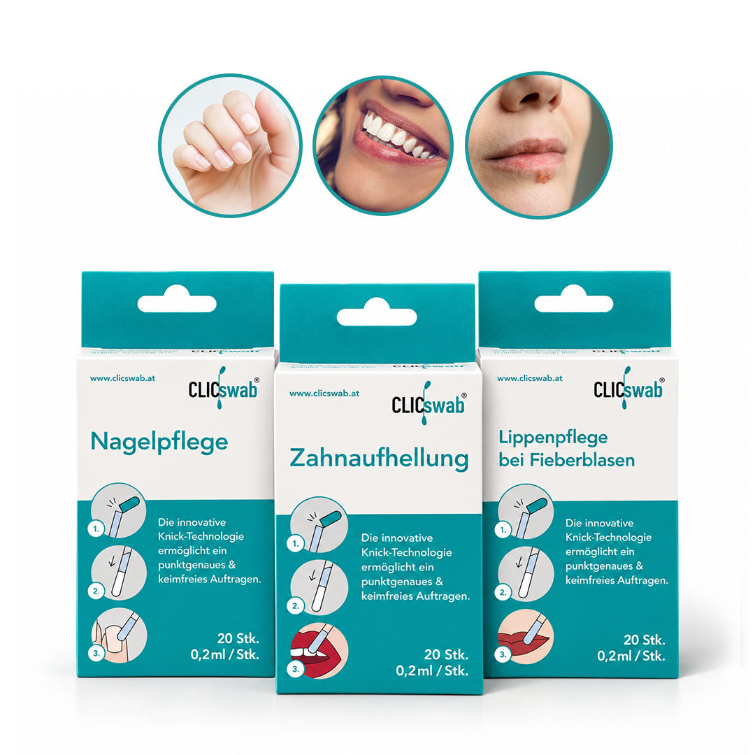 CLICswab Smile & Beauty Trio: Drei Packungen mit Knick-Wattestäbchen für Nagelpflege, Zahnaufhellung und Lippenpflege bei Fieberblasen.