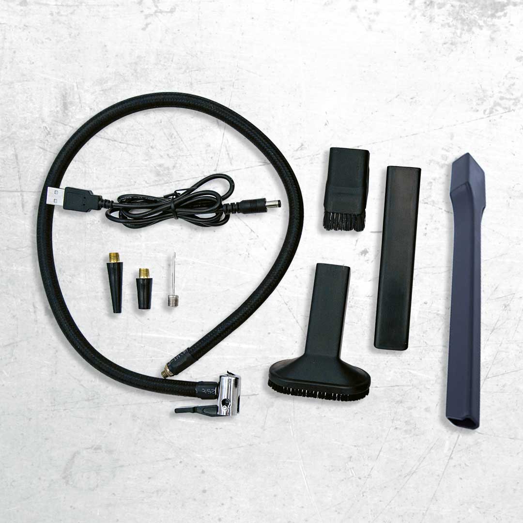 Zubehörset für den Hammersmith AirStorm – inkl. Düsen, Bürsten, Schlauch und USB-Kabel für vielseitige Reinigung.