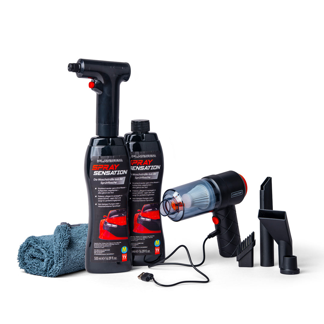 Set zur Autopflege: Zwei Flaschen Platinum SpraySensation, ein Mikrofasertuch und der Livington DustAway Smart Akku-Handstaubsauger mit Zubehör.