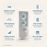 Weißes ScentDream Raumduftsystem mit Vorteilen im Überblick: kabelloser Akkubetrieb, 180°-Oszillation, 3 Intensitätsstufen mit Timer, Fernbedienung und Click-In-Pods mit bis zu 30 Tagen Duftdauer.