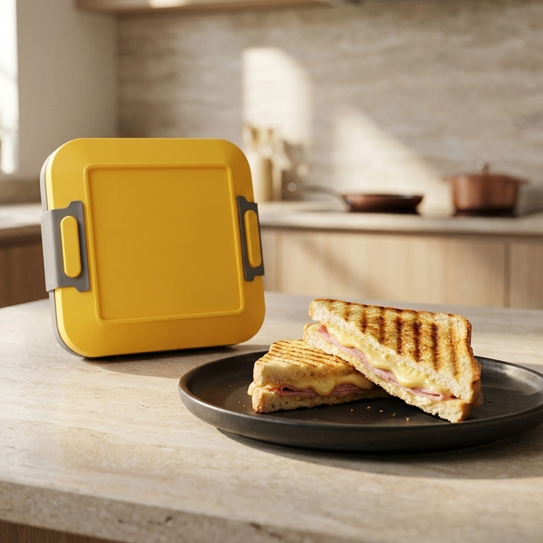 Ein gelber Toastie Mikrowellen-Toaster steht auf einer Küchenzeile neben knusprigen Toast auf einem Teller.