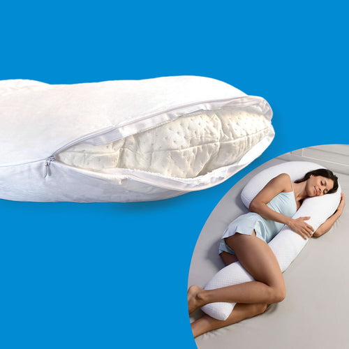 WeißerKissenbezug mit Reißverschluss, der die Kissenfüllung zeigt. Ein Inset zeigt eine Frau, die bequem Swan Pillow schläft.