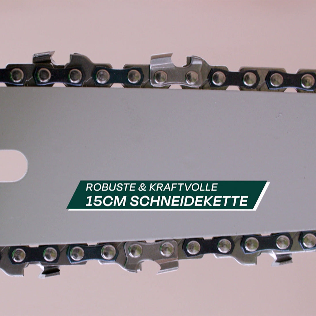 Detailaufnahme einer 15 cm langen Schneidekette mit robuster Verarbeitung und scharfen Zähnen.