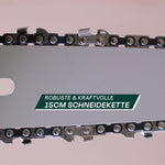 Detailaufnahme einer 15 cm langen Schneidekette mit robuster Verarbeitung und scharfen Zähnen.