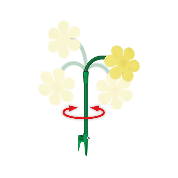 Gelber Rasensprinkler in Blumenform mit grünem Erdspieß, zeigt rotierende Sprühbewegung.