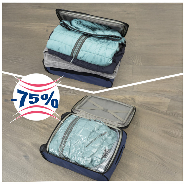 Zeigt, wie die Winterjacken und Pullover im Koffer zu wenig Platz haben. Mit dem Vaccum-Bag kann bis zu 75% Platz gespart werden, durch Herauspressen der überschüssigen Luft.
