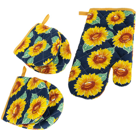 Set mit 2 Fäustlingen und 1 Topfhandschuh im passenden Sonnenblumen-Design zur Kochschürze