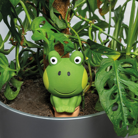 Grüne Froschfigur mit Bewässerungsfunktion sitzt in einem Blumentopf zwischen Pflanzenblättern.