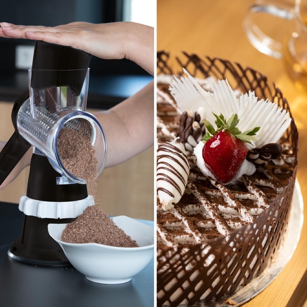 Livington SumoSlicer reibt Schokolade fein in eine Schüssel – ideal zum Dekorieren und Verfeinern von Desserts wie Kuchen.