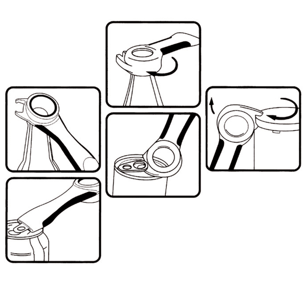 Multiöffner zum einfachen Öffnen von Flaschenverschlüssen, Schraubdeckeln und Dosenlaschen.