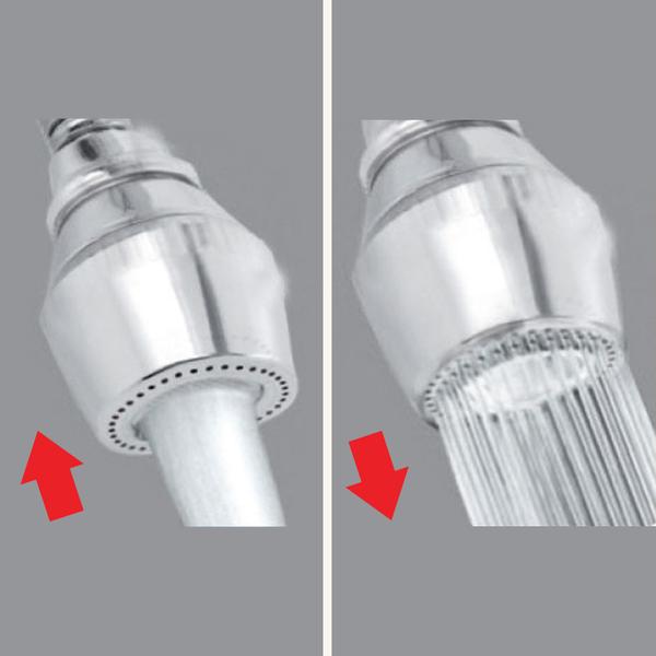  Wasserhahnaufsatz mit zwei Strahlarten: Vollstrahl und Brausestrahl, umschaltbar durch Drehung.